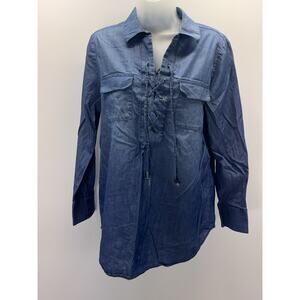 Chicos Chambray Shirt Womens Size 1/M Lace Up Long Sleeve Denim Top Round Hem